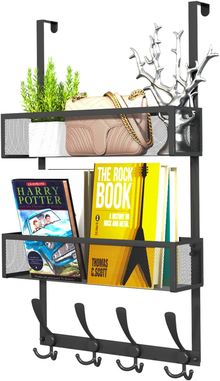 Kaiferty Over The Door Hooks Organizer,Coat Rack with 12 Hooks and 2 Mesh Baskets,Back of Door Storage Organizer for Bathroom,Bedroom,Kitchen,Office(Black) - Image 1